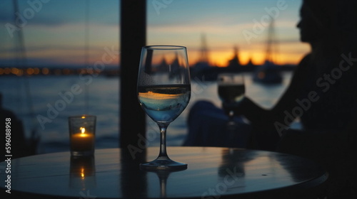 glasses of wine on cafe table,romantic couple sit and relax  on beach at sea on sunset  and drink  white wine blurred sea water ,ship in port,  summer resort ,holiday vacation  nevening,generated ai photo