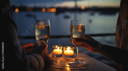 glasses of wine on cafe table,romantic couple sit and relax  on beach at sea on sunset  and drink  white wine blurred sea water ,ship in port,  summer resort ,holiday vacation  nevening,generated ai photo