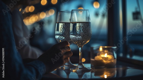 glasses of wine on cafe table,romantic couple sit and relax  on beach at sea on sunset  and drink  white wine blurred sea water ,ship in port,  summer resort ,holiday vacation  nevening,generated ai photo