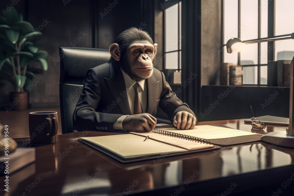 Monkey wearing suit in office. Businessman monkey sitting at office. AI generated, human enhanced. Monkey wearing suit in office. Businessman monkey sitting at office. AI generated, human enhanced.