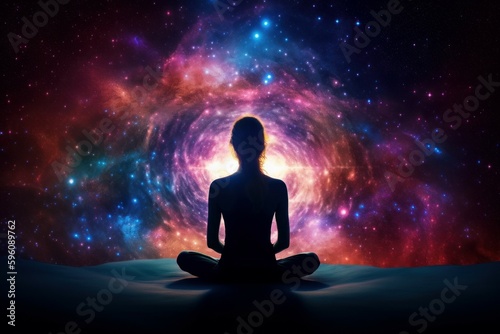 Silhouette of women in Lotus position on the abstract positive energy background . AI generated  human enhanced.