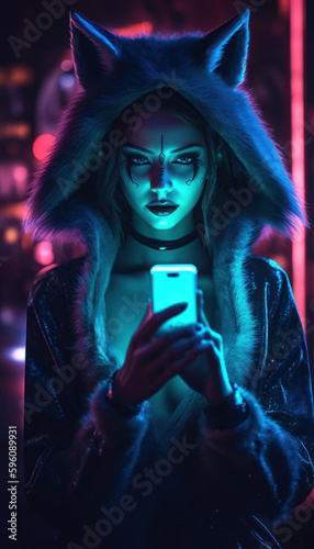 Cosplay anime girl with cat ears in a night bar. Portrait of a sexy woman. Created by AI