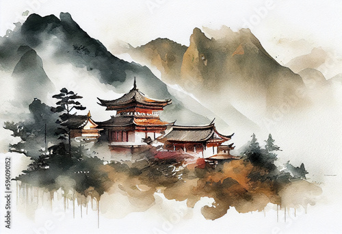 Set of a serene landscape with a Buddhist temple nestled among mist-covered mountains, radiating tranquility, watercolor style Generative AI