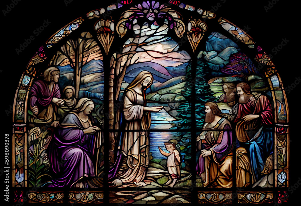 An ornate stained glass window depicting a scene from a religious story, capturing the beauty of divine narratives, watercolor style Generative AI