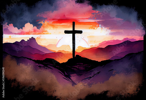 A serene sunset over a mountain range with a silhouette of a cross, portraying the beauty of creation and faith, watercolor style Generative AI