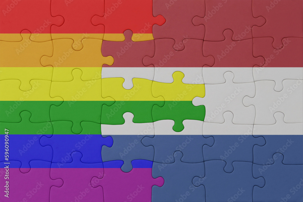 puzzle with the flag of rainbow gay pride and netherlands . macro.concept.