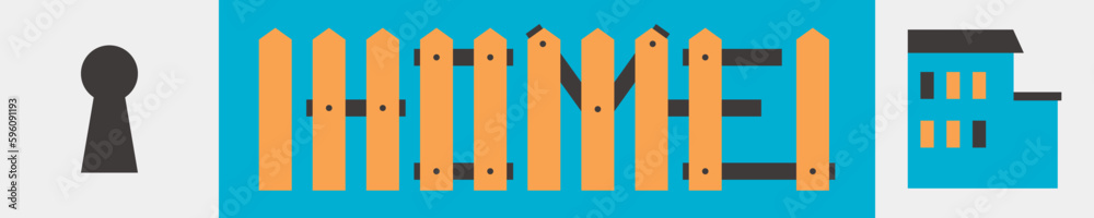 A banner with the inscription of the Home from the planks of the fence. A set of images about housing. Cottage with light in the windows. An illustration in a geometric style of flat graphics. A banner with the inscription of the Home from the planks of the fence. A set of images about housing. Cottage with light in the windows. An illustration in a geometric style of flat graphics.