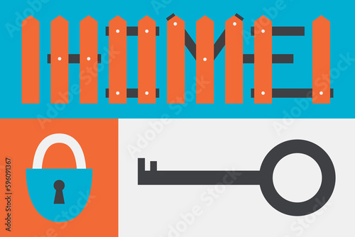 A banner with the inscription of the Home from the planks of the fence. A set of images about housing. An old key with a hinged castle. An illustration in a geometric style of flat pop graphics.