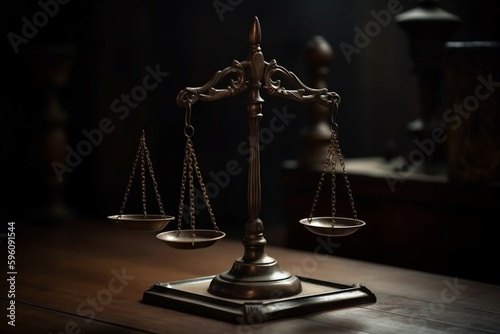 Law scale justice symbol. law attorney court lawyer scale weight judge justice concept, in front view. AI generative