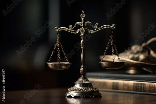 Law scale justice symbol. law attorney court lawyer scale weight judge justice concept, in front view. AI generative