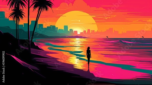 Landscape Sunset on tropical beach with palm tree generated ai 