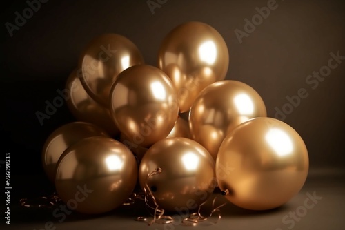 Holidays, birthday party, wedding decoration concept, golden metallic helium balloons on light background. Gold balloons for background, celebrating, greeting card, copyspace. AI generative