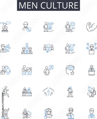 Men culture line icons collection. Women society, Children tradition, Elderly customs, Family heritage, Employee ethos, Citizen values, Leader principles vector and linear illustration. Community