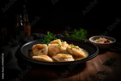 Fried dumplings with herbs on a black plate close-up on a wooden table. Home kitchen. Rustic style. generative AI