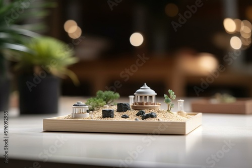 Tabletop with blurred Zen garden creating product display space. Generative AI