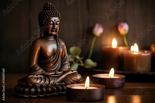 Buddha statue in meditation with lotus flower and burning candles. Meditation  spiritual health  peace  searching zen concept. AI generative