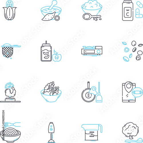 Culinary arts linear icons set. Gastronomy, Cuisine, Appetizer, Entree, Dessert, Presentation, Plating line vector and concept signs. Sous-vide,Fusion,Seasonal outline illustrations