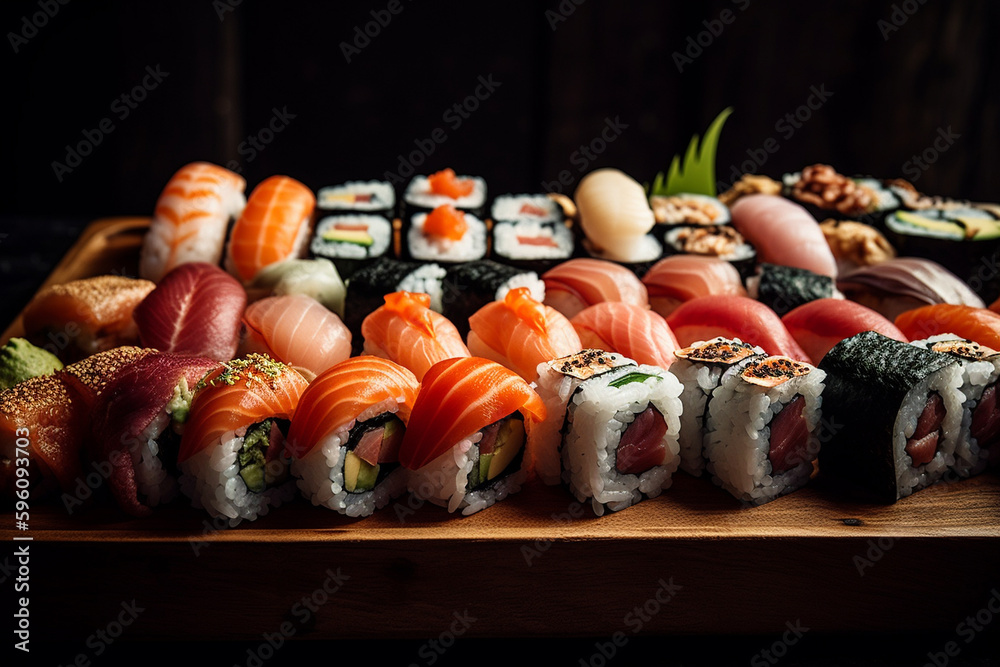 Sushi tasty arrangement product photography. Fresh traditional salmon and rice gourmet roll. Japan or asian fish food cuisine. Ai generated Sushi tasty arrangement product photography. Fresh traditional salmon and rice gourmet roll. Japan or asian fish food cuisine. Ai generated
