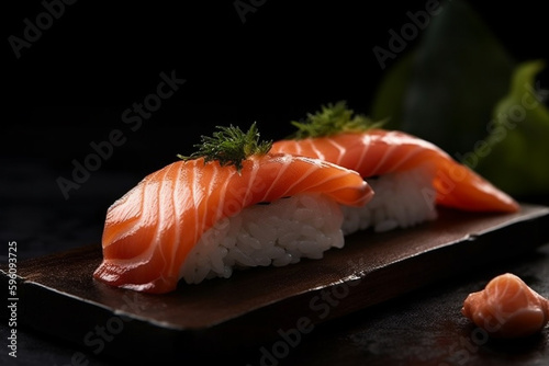 Sushi tasty arrangement product photography. Fresh traditional salmon and rice gourmet roll. Japan or asian fish food cuisine. Ai generated