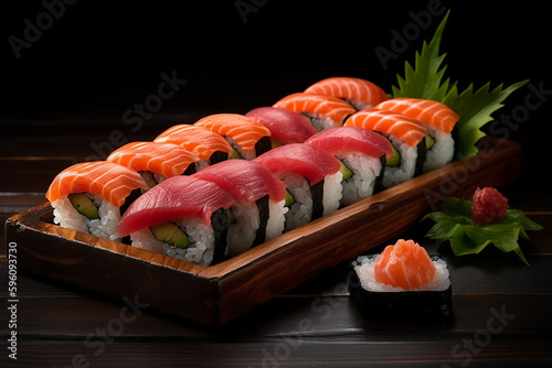 Sushi tasty arrangement product photography. Fresh traditional salmon and rice gourmet roll. Japan or asian fish food cuisine. Ai generated