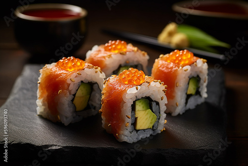 Sushi tasty arrangement product photography. Fresh traditional salmon and rice gourmet roll. Japan or asian fish food cuisine. Ai generated