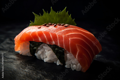 Sushi tasty arrangement product photography. Fresh traditional salmon and rice gourmet roll. Japan or asian fish food cuisine. Ai generated
