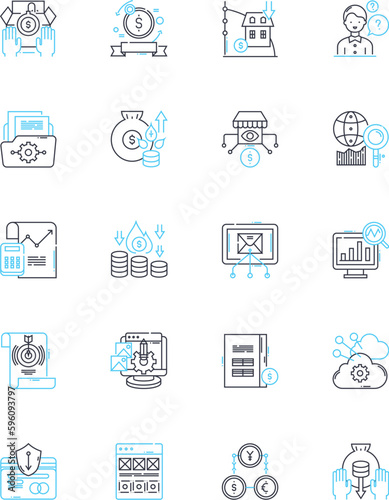 Economic Policy linear icons set. Fiscal, Mtary, Inflation, Deflation, Interest, Taxation, Regulation line vector and concept signs. Trade,Growth,Budget outline illustrations
