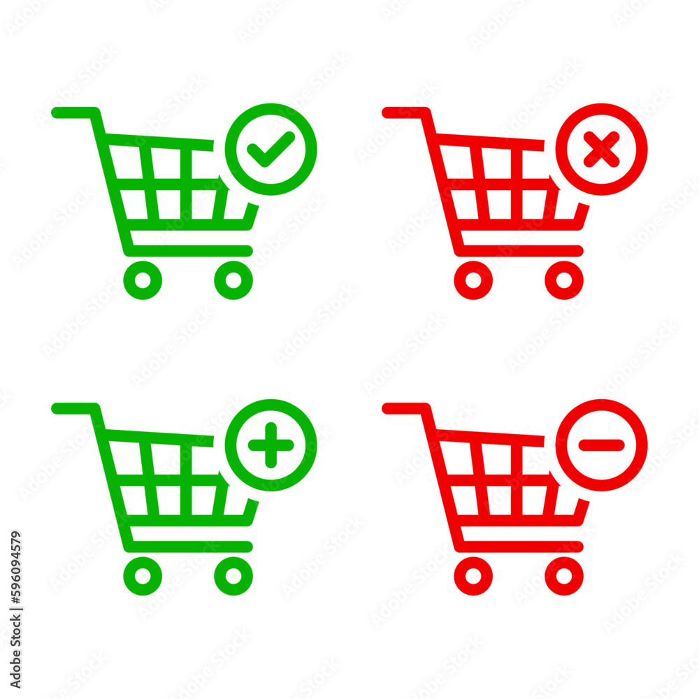 Shopping cart with check mark and cross icon. Add to cart and remove from cart Shopping cart with check mark and cross icon. Add to cart and remove from cart