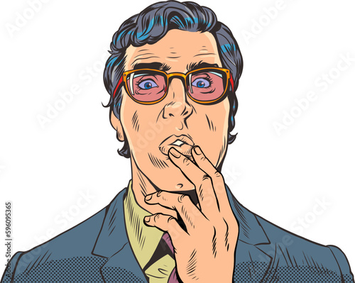 Anxiety and anxiety about the decision. An attractive guy is thoughtful and holds his hand. A man in a suit and glasses is surprised, puzzled. Pop Art Retro