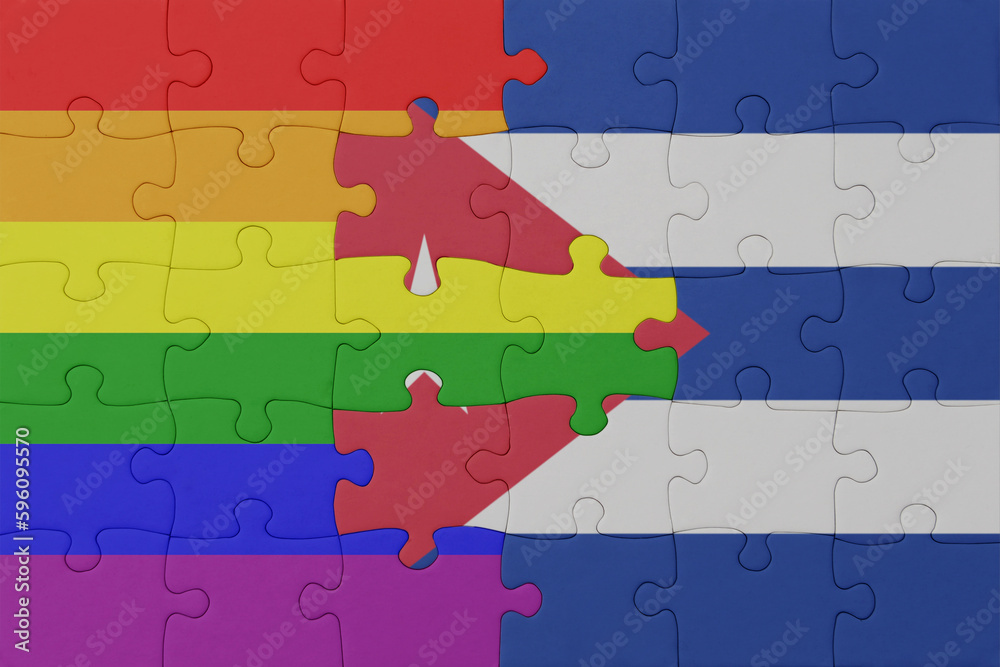 puzzle with the flag of rainbow gay pride and cuba . macro.concept.