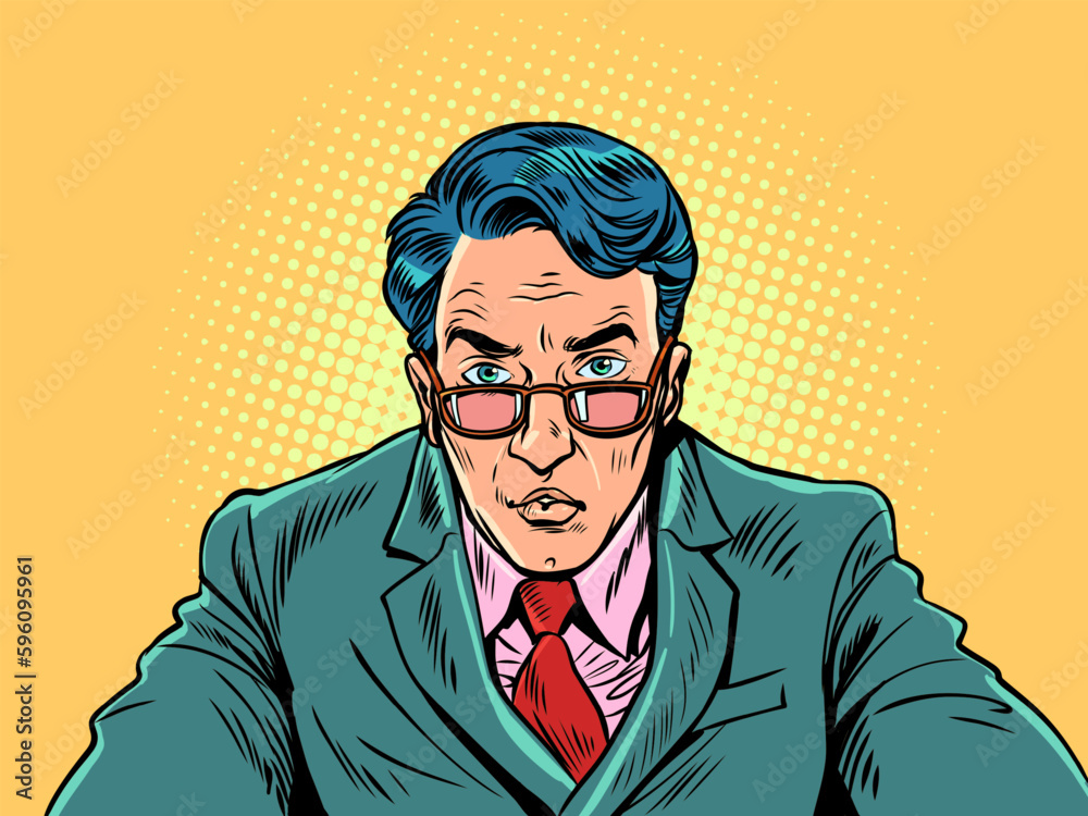 Attentive and serious office manager accepting an offer. HR agent offers a job. A man in a suit and glasses looks at you and holds out his hands to you. Pop Art Retro Attentive and serious office manager accepting an offer. HR agent offers a job. A man in a suit and glasses looks at you and holds out his hands to you. Pop Art Retro