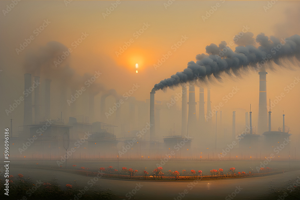 Sunrise over the smoggy industrial factory Generative Ai