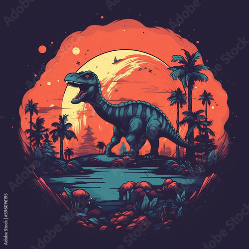 Dinosaur on background of ancient planet. Concept of evolution..