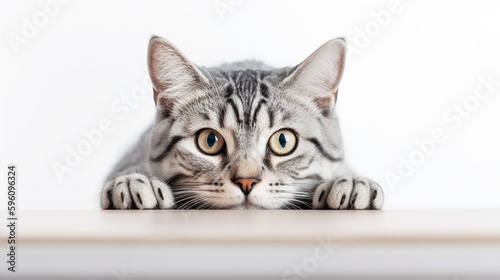 Cute tabby kitten peeking from behind a white wall. Generative ai