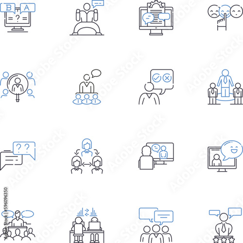 Jabbering group line icons collection. Chatting, Gossiping, Chattering, Conversing, Bantering, Blathering, Jabbering vector and linear illustration. Prattling,Rambling,Yammering outline signs set