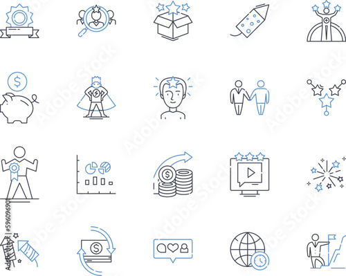 Prosperousness line icons collection. Wealth, Abundance, Success, Prosperity, Fortune, Riches, Opulence vector and linear illustration. Plenty,Affluence,Luxuriousness outline signs set