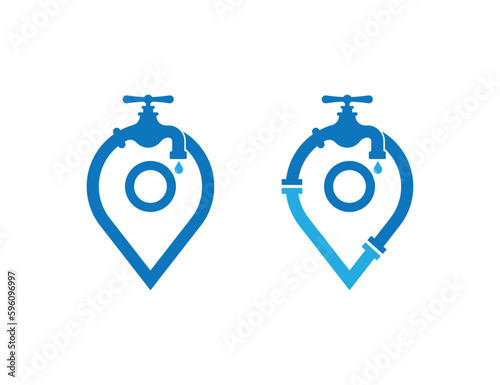 Water Faucet with Pin Map Location Plumbing Logo Concept icon sign symbol Design Element. Repair, Plumber, Tap, Plumbing Service Logotype. Vector illustration template