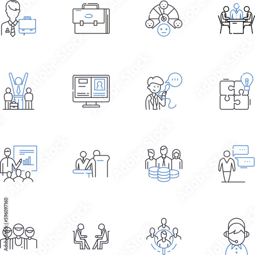 Exec and work line icons collection. Leadership, Management, Productivity, Efficiency, Motivation, Delegation, Communication vector and linear illustration. Collaboration,Innovation,Strategy outline