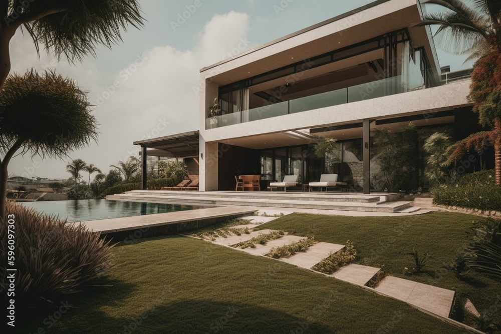 Luxury modern villa with beautiful exterior design, garden and stunning view. Generative AI