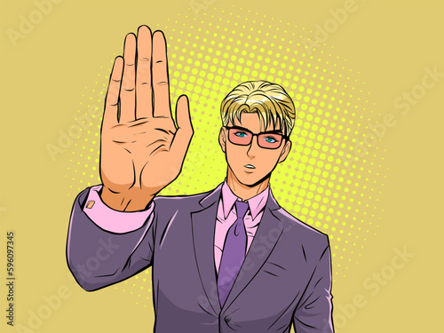 A man in a suit and glasses shows a stop sign. An offer to stop a dispute or conflict. Raise your hand and share an idea. Pop Art Retro