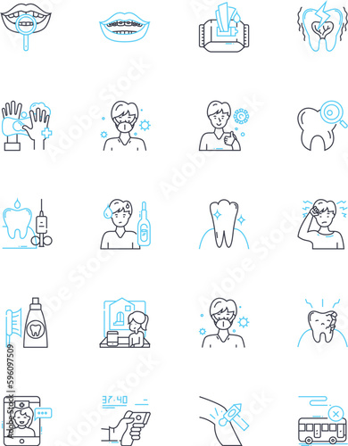 Teeth cleaning linear icons set. Dental, Plaque, Tartar, Flossing, Whitening, Toothbrush, Scaling line vector and concept signs. Polishing,Fluoride,Hygiene outline illustrations