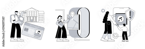 Child security abstract concept vector illustration set. Smartcards for schools, GPS kids tracker watches, parental advisory music, school attendance system, parental control abstract metaphor.