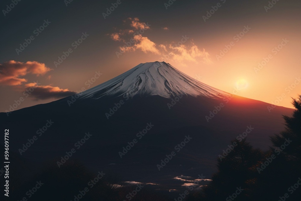 Marvelous sunrise at Mount Fuji, marking the start of a new year and a hopeful new beginning. Abstract natural beauty. Generative AI