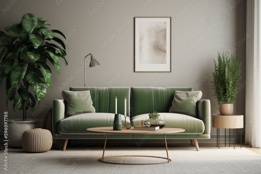 A 3D rendered living room mock-up with green sofa, table, plant, and decor. Generative AI