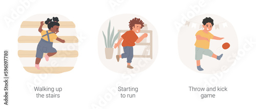 Toddler physical skills isolated cartoon vector illustration set. Walking up the stairs, starting to run, throw and kick game, child movement early education, learn to walk vector cartoon.