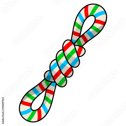 Cartoon doggy toy. Braided rope double tug. Care supplies for puppies and adults dogs. Colorful clipart of accessories and goods for pet shop. Isolated vector illustration.