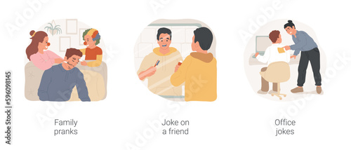 Fools day isolated cartoon vector illustration set. Family prank, children painting fathers face, colored tooth brush joke on a friend, office fun, laughing colleague put sticker vector cartoon.