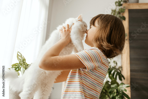 A teenage girl plays with her beloved white, fluffy kitten. The child kisses the cat. Love and care for pets.