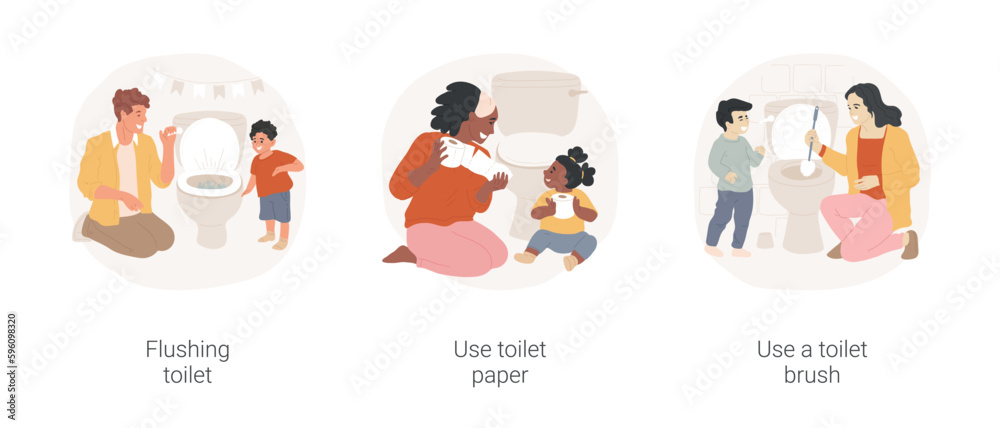 Teach toilet hygiene isolated cartoon vector illustration set. Showing the kid how to flush toilet, mom holding toilet paper, teach child to use toilet brush, personal hygiene rules vector cartoon. Teach toilet hygiene isolated cartoon vector illustration set. Showing the kid how to flush toilet, mom holding toilet paper, teach child to use toilet brush, personal hygiene rules vector cartoon.