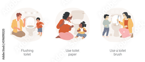 Teach toilet hygiene isolated cartoon vector illustration set. Showing the kid how to flush toilet, mom holding toilet paper, teach child to use toilet brush, personal hygiene rules vector cartoon.